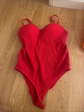 Girls Red Ribbed One-Piece Bodysuit with Adjustable Straps
